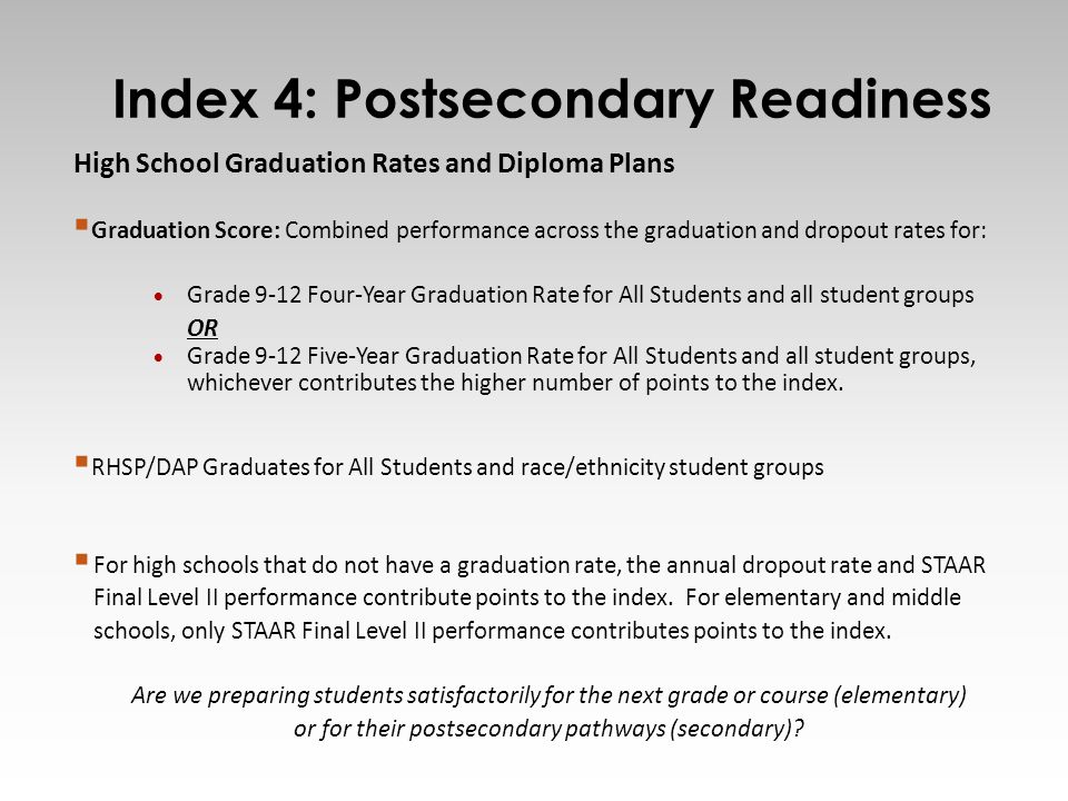 16 High School Graduation Rates and Diploma Plans  Graduation Score: Combined performance across the graduation and dropout rates for:  Grade 9-12 Four-Year Graduation Rate for All Students and all student groups OR  Grade 9-12 Five-Year Graduation Rate for All Students and all student groups, whichever contributes the higher number of points to the index.