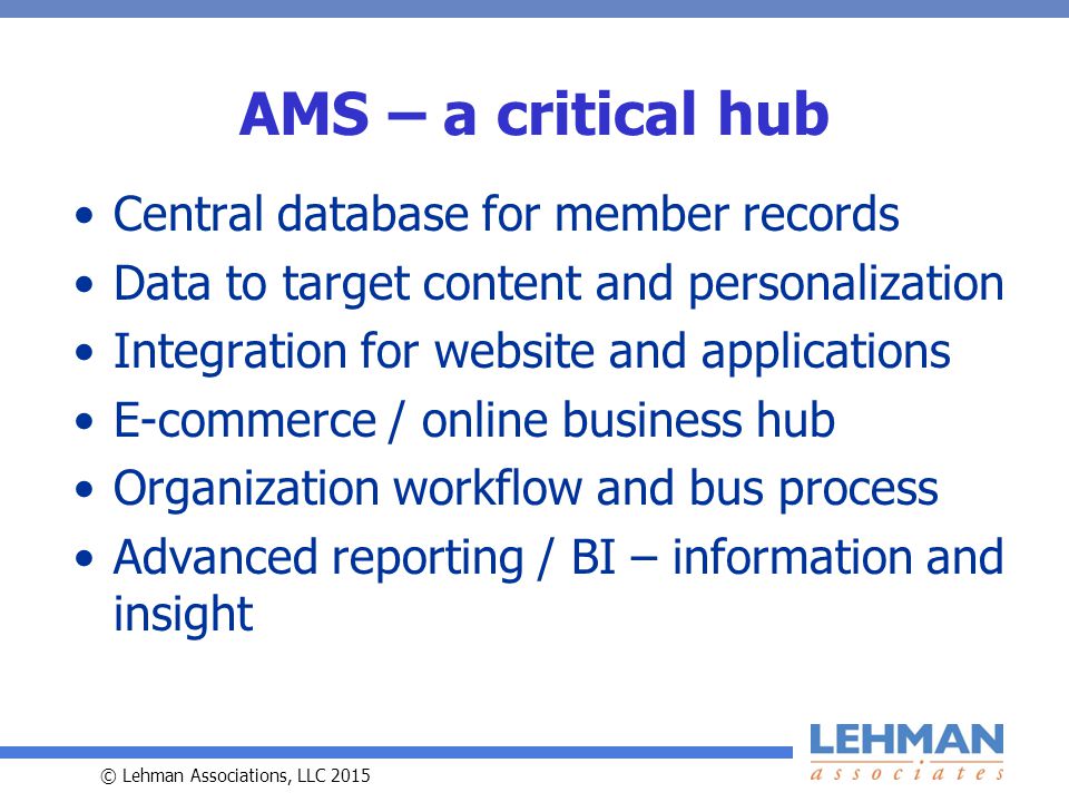 © Lehman Associations, LLC 2015 AMS – a critical hub Central database for member records Data to target content and personalization Integration for website and applications E-commerce / online business hub Organization workflow and bus process Advanced reporting / BI – information and insight