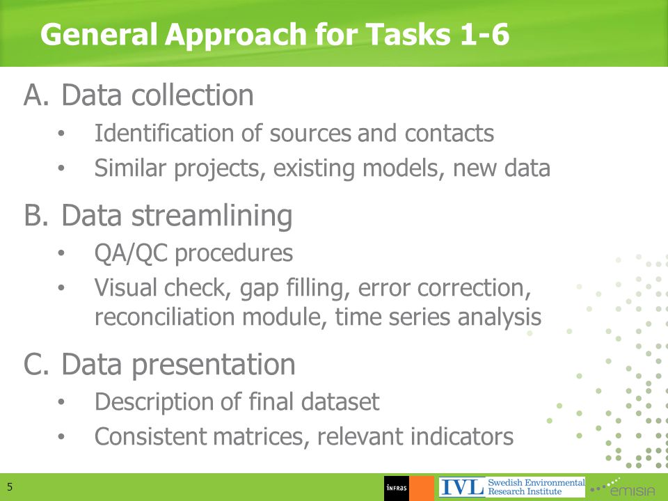 General Approach for Tasks 1-6 A.Data collection Identification of sources and contacts Similar projects, existing models, new data B.Data streamlining QA/QC procedures Visual check, gap filling, error correction, reconciliation module, time series analysis C.Data presentation Description of final dataset Consistent matrices, relevant indicators 5