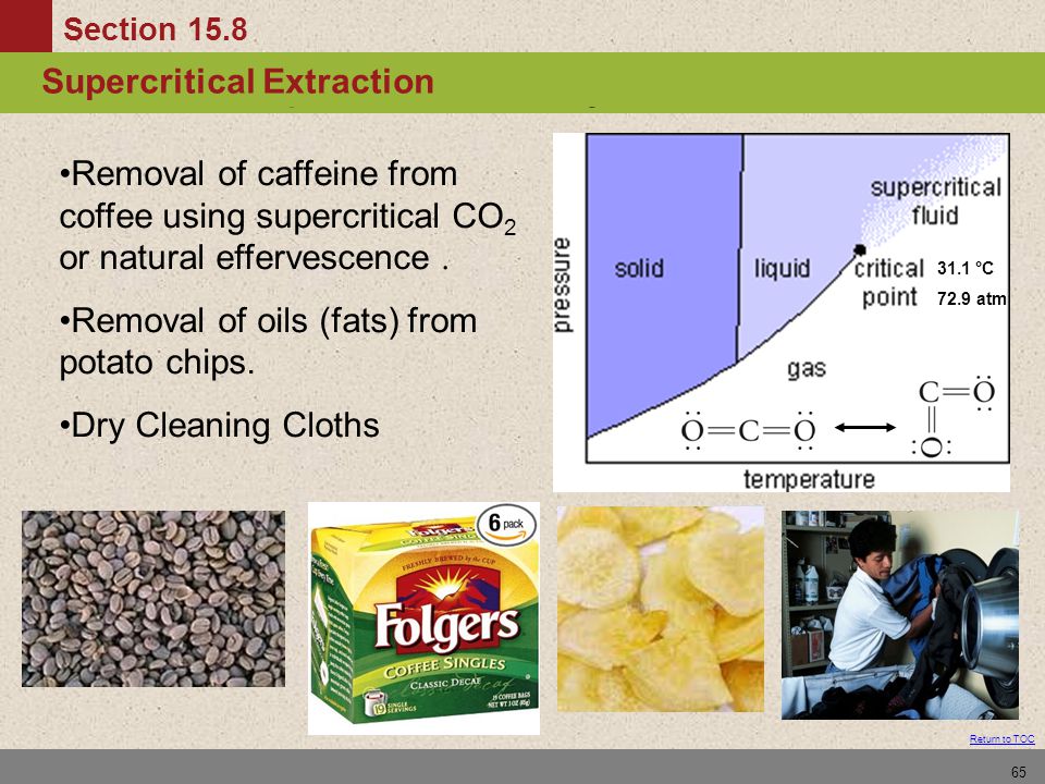 Section 15.8 Solution Composition: Normality Return to TOC 65 Supercritical Extraction Removal of caffeine from coffee using supercritical CO 2 or natural effervescence.