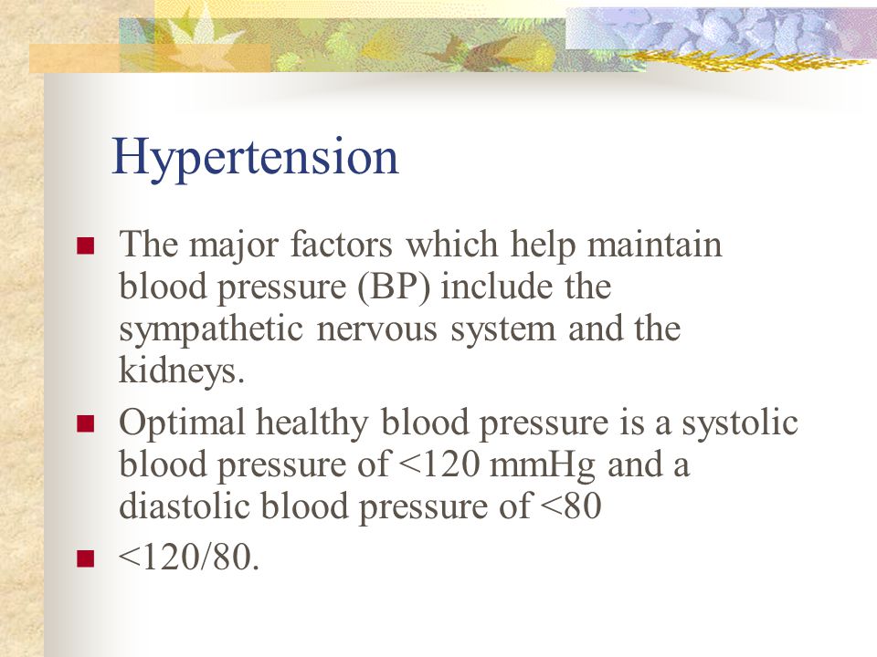 Hypertension The major factors which help maintain blood pressure (BP) include the sympathetic nervous system and the kidneys.