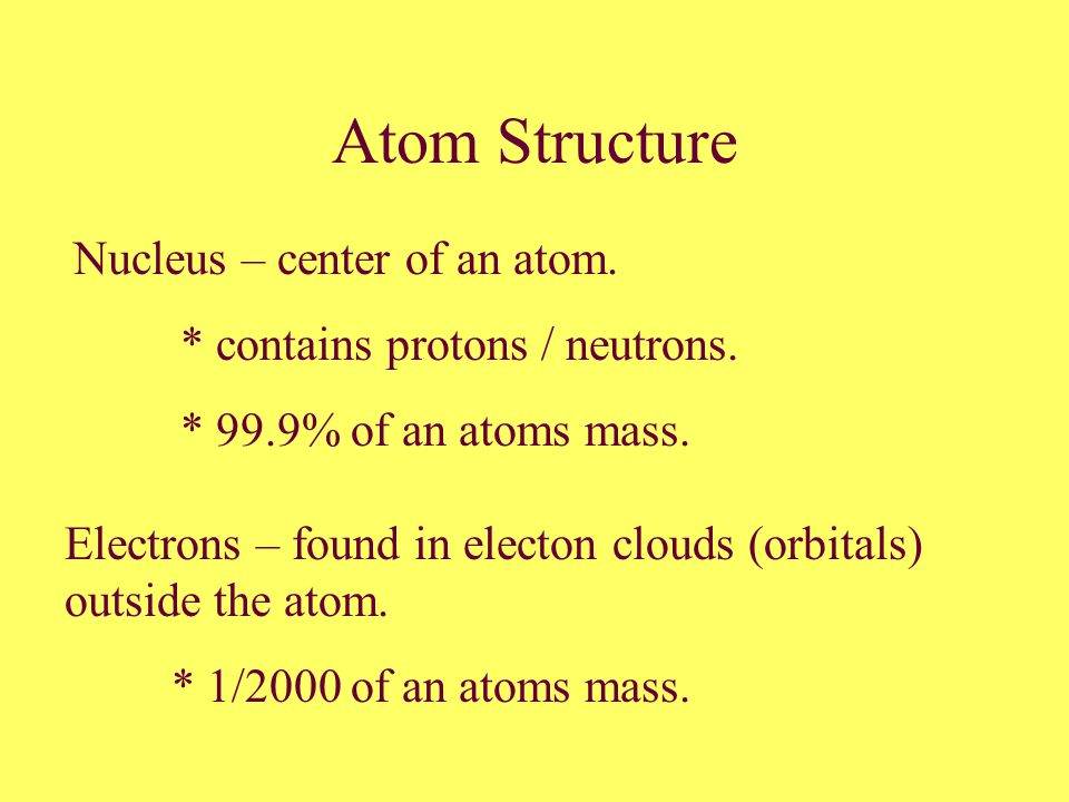 Atom Structure Nucleus – center of an atom. * contains protons / neutrons.