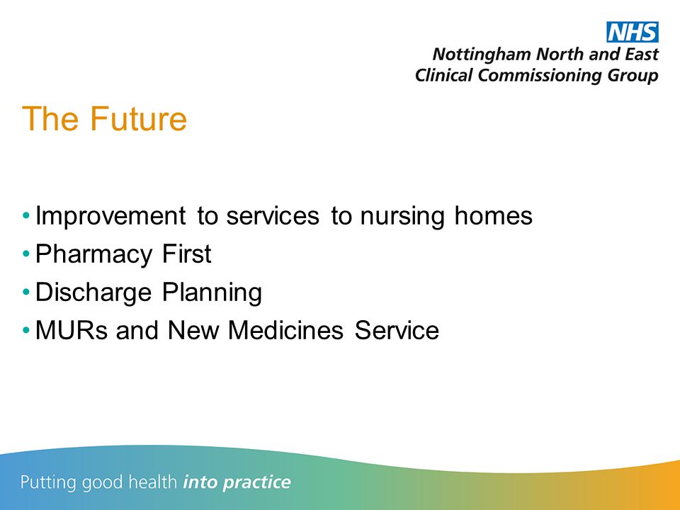 The Future Improvement to services to nursing homes Pharmacy First Discharge Planning MURs and New Medicines Service