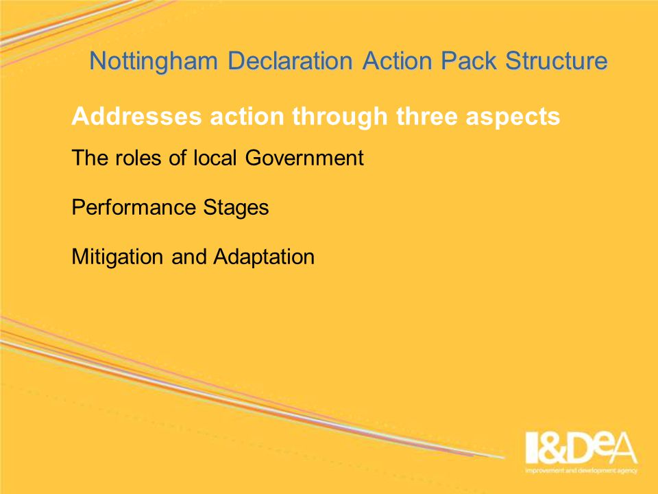 Addresses action through three aspects The roles of local Government Performance Stages Mitigation and Adaptation Nottingham Declaration Action PackStructure Nottingham Declaration Action Pack Structure