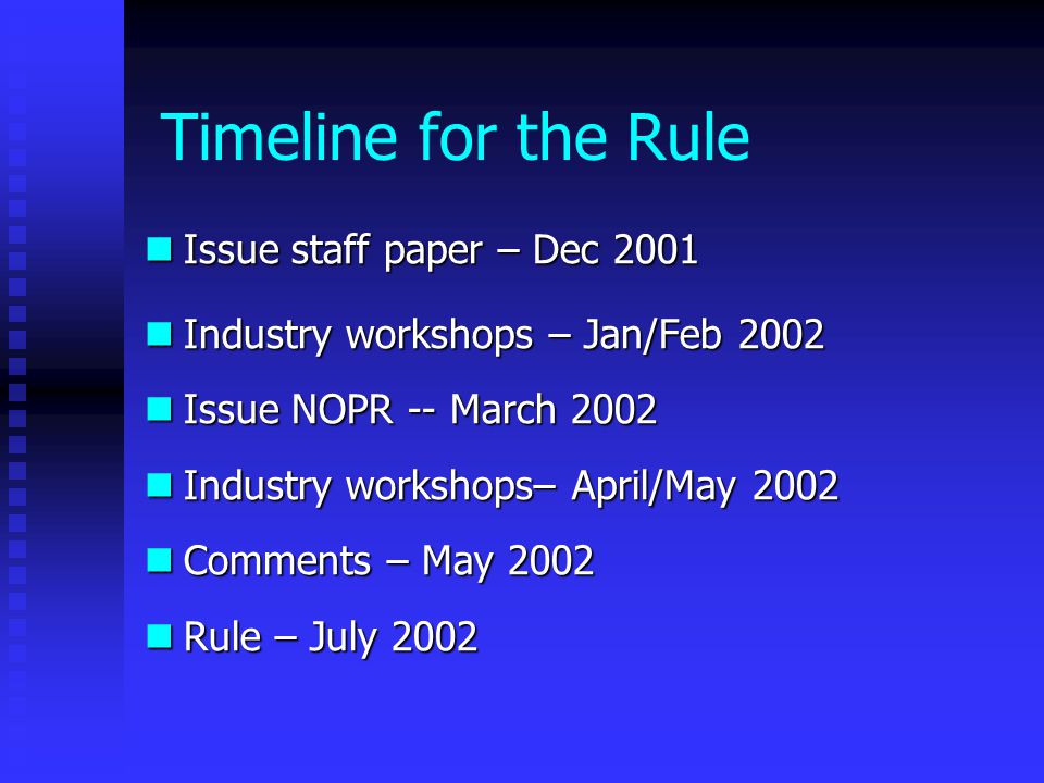 Timeline for the Rule Issue staff paper – Dec 2001 Issue staff paper – Dec 2001 Industry workshops – Jan/Feb 2002 Industry workshops – Jan/Feb 2002 Issue NOPR -- March 2002 Issue NOPR -- March 2002 Industry workshops– April/May 2002 Industry workshops– April/May 2002 Comments – May 2002 Comments – May 2002 Rule – July 2002 Rule – July 2002