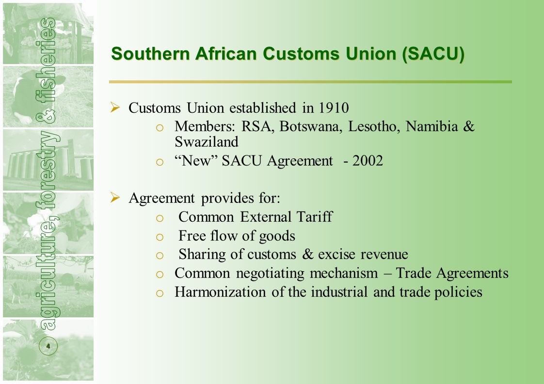 4 Southern African Customs Union (SACU)  Customs Union established in 1910 o Members: RSA, Botswana, Lesotho, Namibia & Swaziland o New SACU Agreement  Agreement provides for: o Common External Tariff o Free flow of goods o Sharing of customs & excise revenue o Common negotiating mechanism – Trade Agreements o Harmonization of the industrial and trade policies