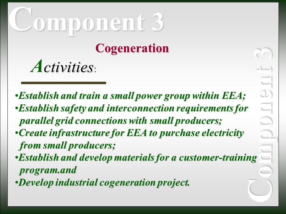 Cogeneration Component 3 C o m p o n e n t 3 Establish and train a small power group within EEA;Establish and train a small power group within EEA; Establish safety and interconnection requirements forEstablish safety and interconnection requirements for parallel grid connections with small producers; parallel grid connections with small producers; Create infrastructure for EEA to purchase electricityCreate infrastructure for EEA to purchase electricity from small producers; from small producers; Establish and develop materials for a customer-trainingEstablish and develop materials for a customer-training program.and program.and Develop industrial cogeneration project.Develop industrial cogeneration project.