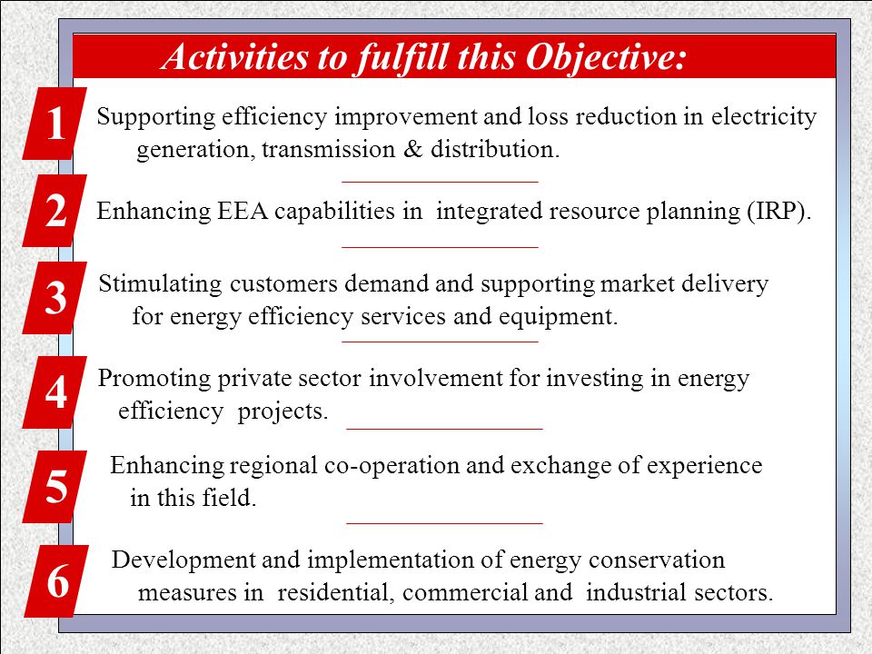 Activities to fulfill this Objective: 1 Supporting efficiency improvement and loss reduction in electricity generation, transmission & distribution.