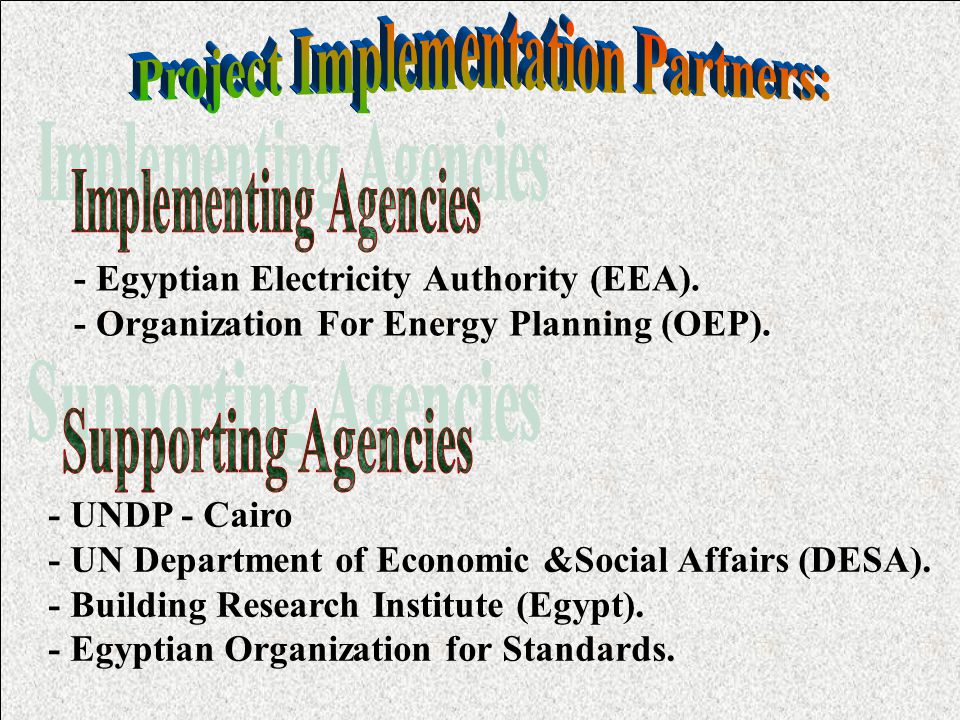 - Egyptian Electricity Authority (EEA). - Organization For Energy Planning (OEP).