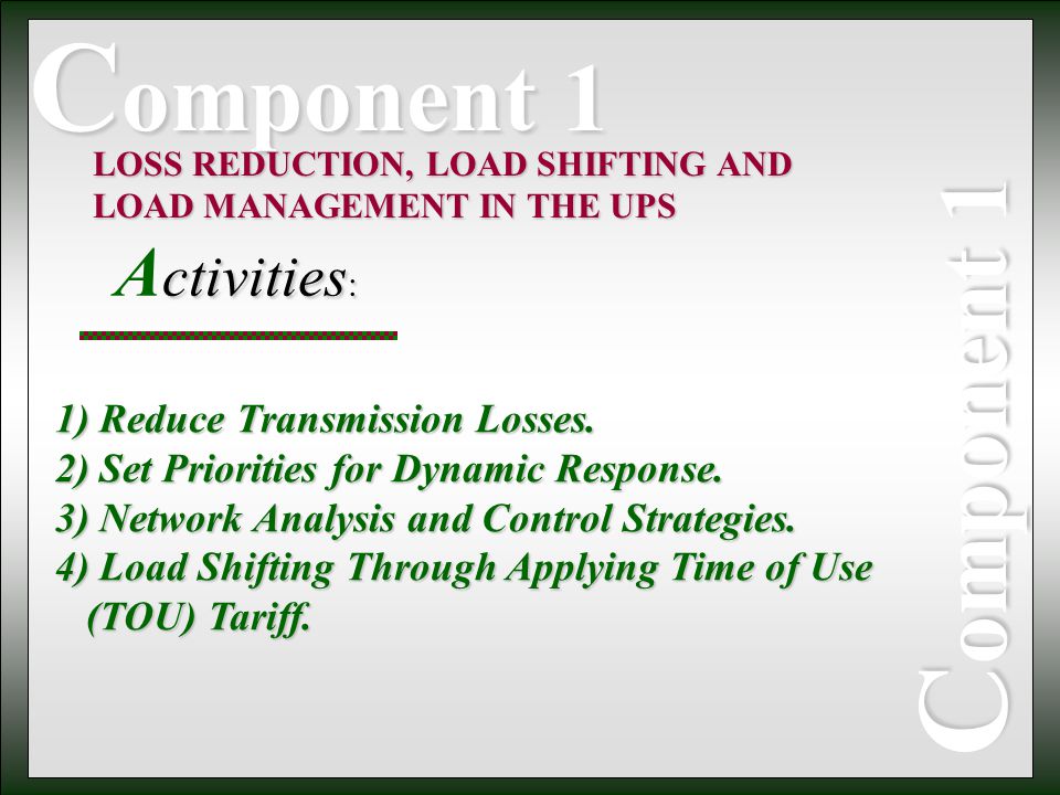 Component 1 C o m p o n e n t 1 LOSS REDUCTION, LOAD SHIFTING AND LOAD MANAGEMENT IN THE UPS 1) Reduce Transmission Losses.