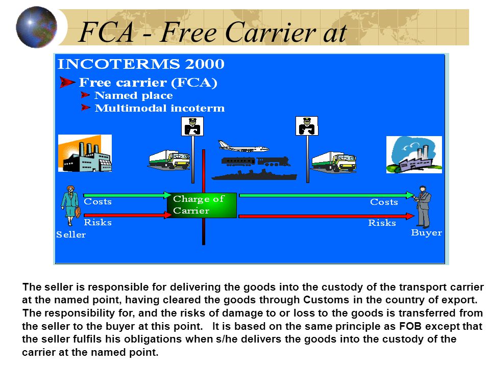 FCA - Free Carrier at The seller is responsible for delivering the goods into the custody of the transport carrier at the named point, having cleared the goods through Customs in the country of export.