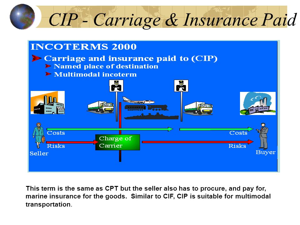 CIP - Carriage & Insurance Paid This term is the same as CPT but the seller also has to procure, and pay for, marine insurance for the goods.
