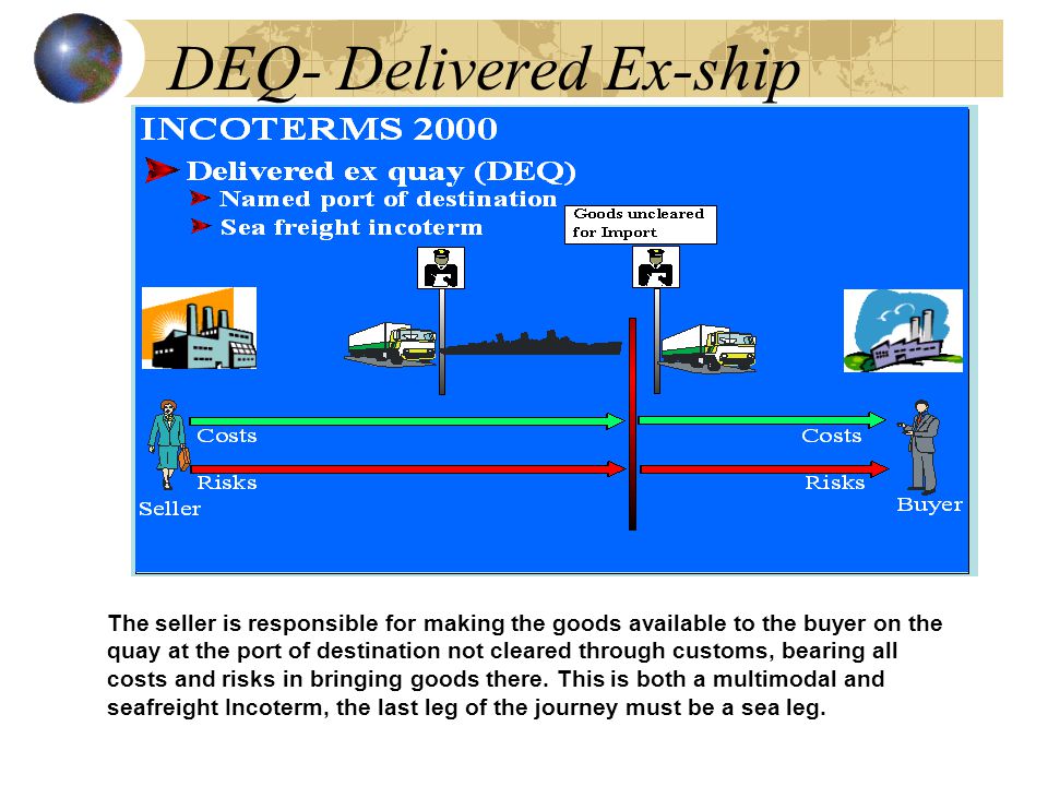 DEQ- Delivered Ex-ship The seller is responsible for making the goods available to the buyer on the quay at the port of destination not cleared through customs, bearing all costs and risks in bringing goods there.