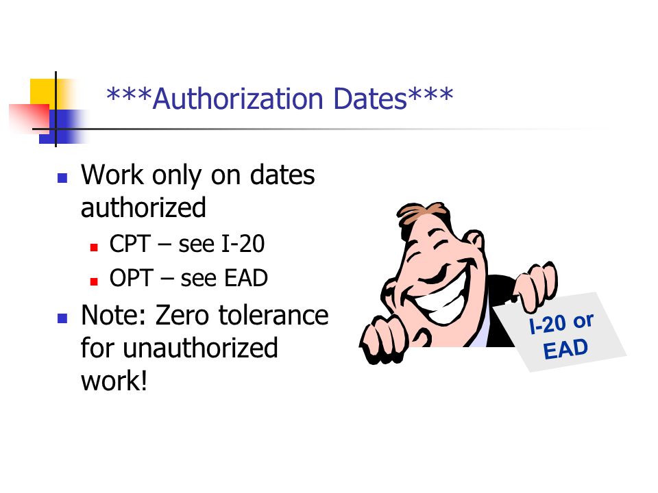 ***Authorization Dates*** Work only on dates authorized CPT – see I-20 OPT – see EAD Note: Zero tolerance for unauthorized work.