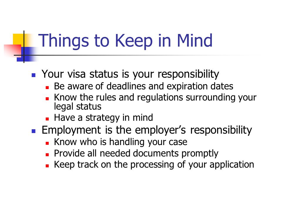 Things to Keep in Mind Your visa status is your responsibility Be aware of deadlines and expiration dates Know the rules and regulations surrounding your legal status Have a strategy in mind Employment is the employer’s responsibility Know who is handling your case Provide all needed documents promptly Keep track on the processing of your application