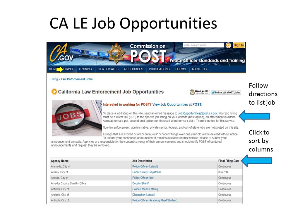 CA LE Job Opportunities Follow directions to list job Click to sort by columns