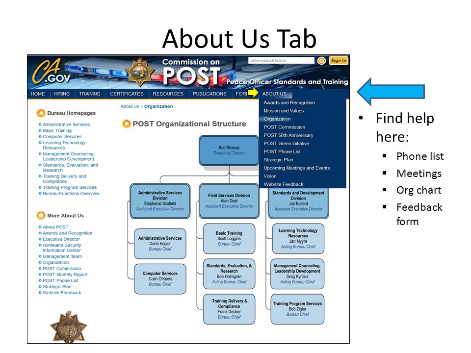 About Us Tab Find help here:  Phone list  Meetings  Org chart  Feedback form