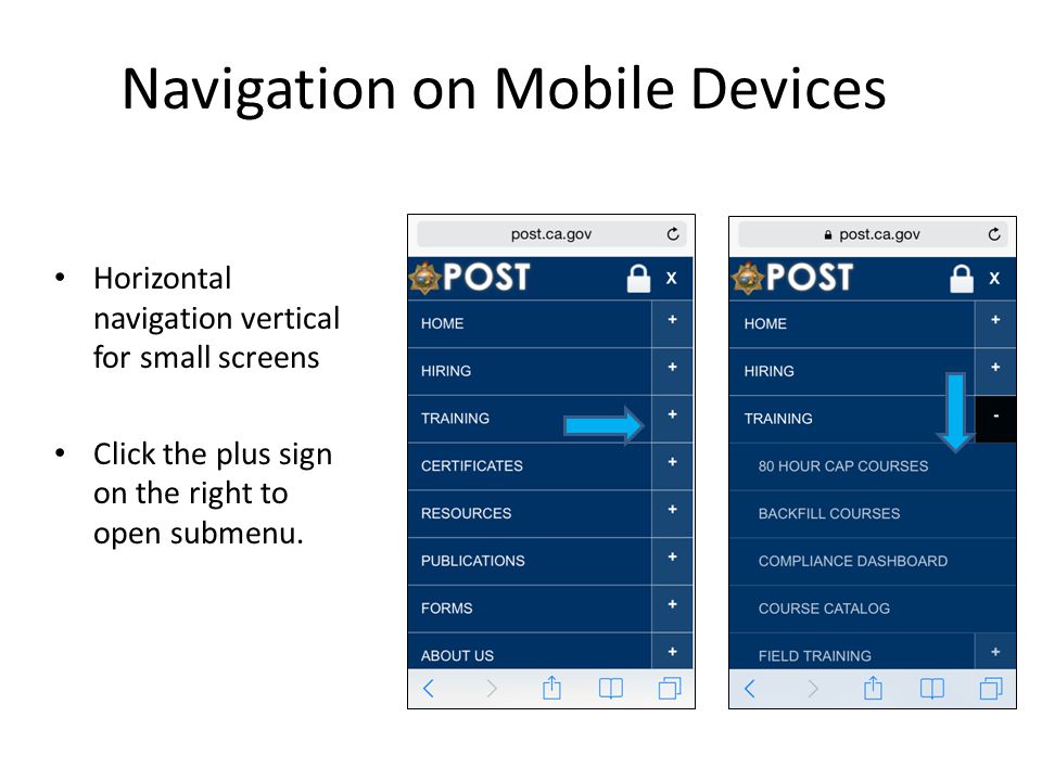Horizontal navigation vertical for small screens Click the plus sign on the right to open submenu.