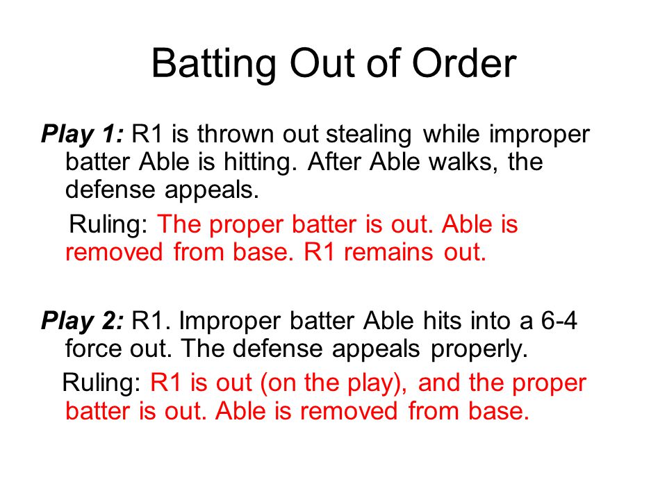 Batting Out of Order Play 1: R1 is thrown out stealing while improper batter Able is hitting.
