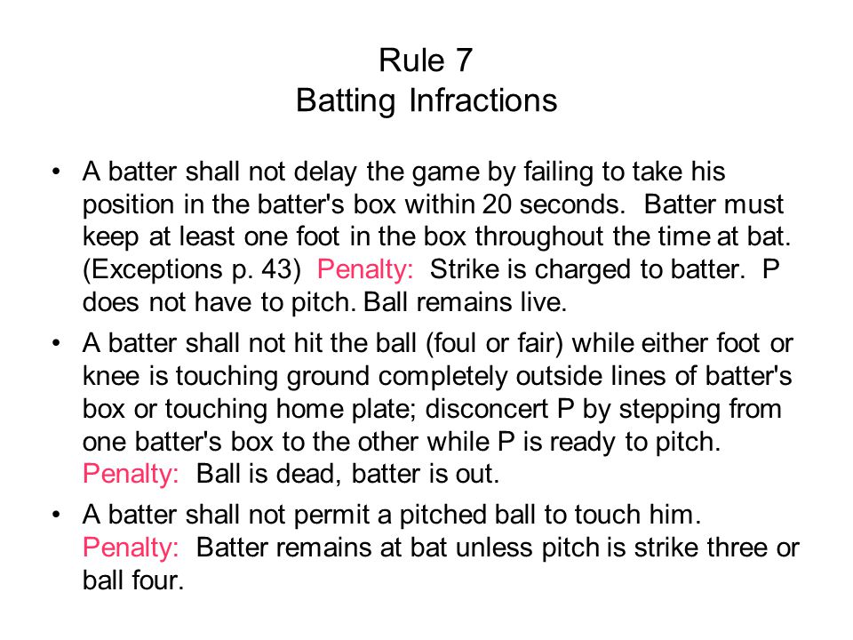 Rule 7 Batting Infractions A batter shall not delay the game by failing to take his position in the batter s box within 20 seconds.