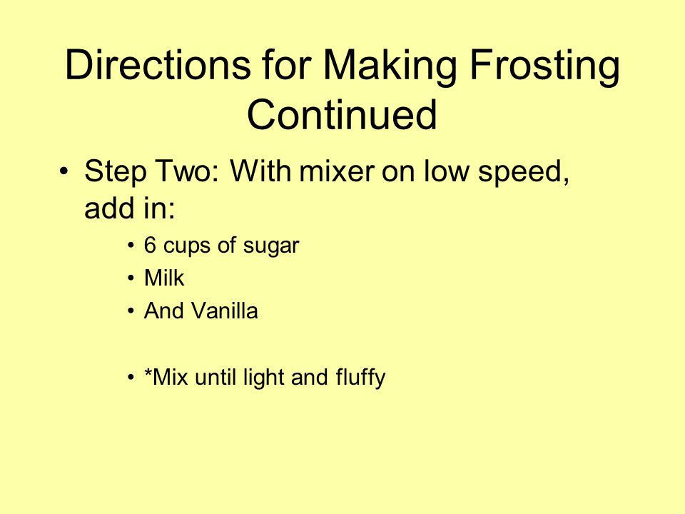 Directions for Making Frosting Continued Step Two: With mixer on low speed, add in: 6 cups of sugar Milk And Vanilla *Mix until light and fluffy