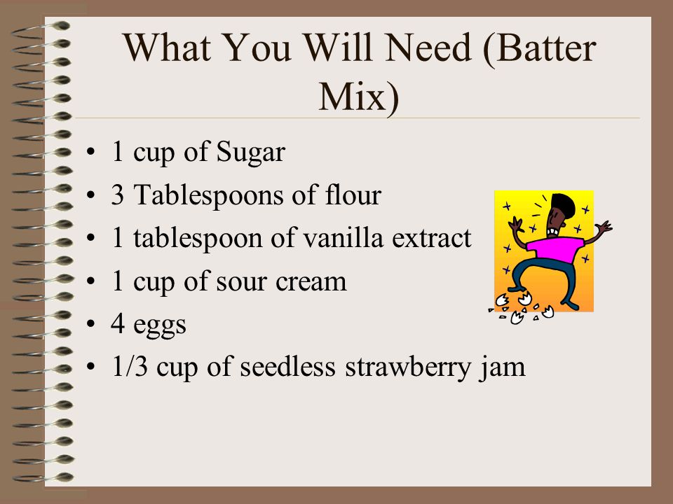 What You Will Need (Batter Mix) 1 cup of Sugar 3 Tablespoons of flour 1 tablespoon of vanilla extract 1 cup of sour cream 4 eggs 1/3 cup of seedless strawberry jam