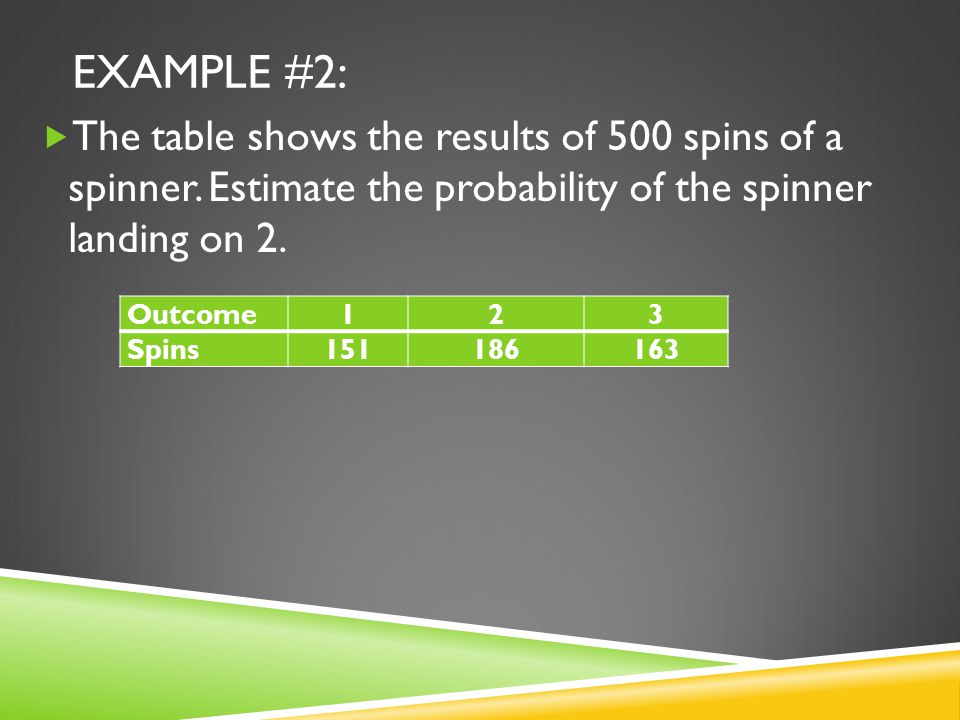 EXAMPLE #2:  The table shows the results of 500 spins of a spinner.