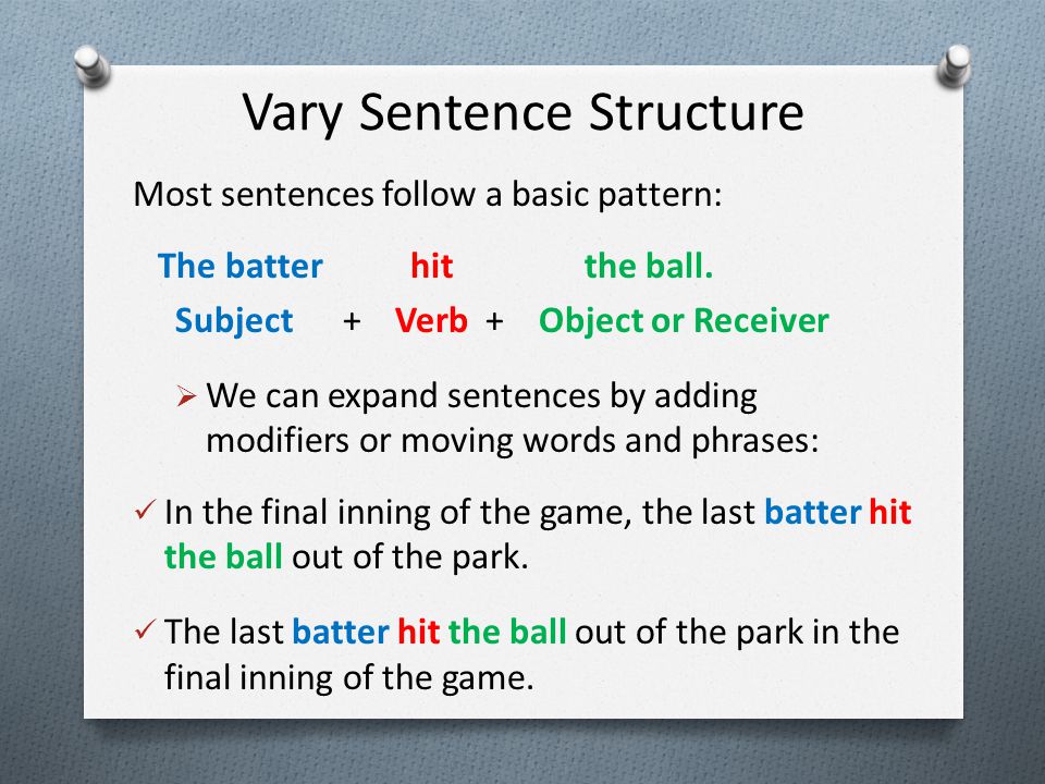 Vary Sentence Structure Most sentences follow a basic pattern: The batter hit the ball.
