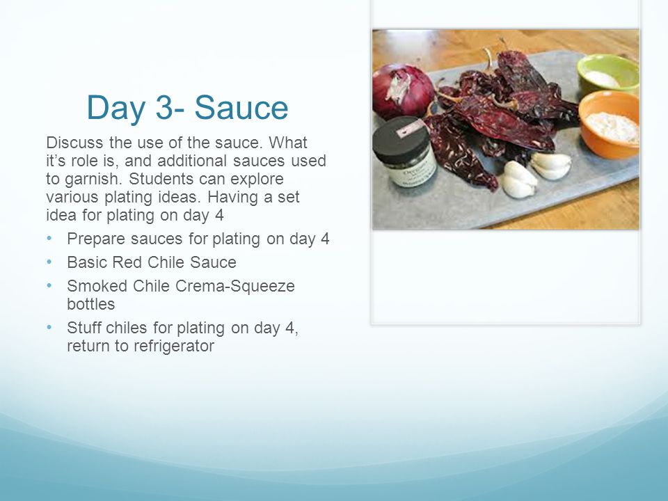 Day 3- Sauce Discuss the use of the sauce.