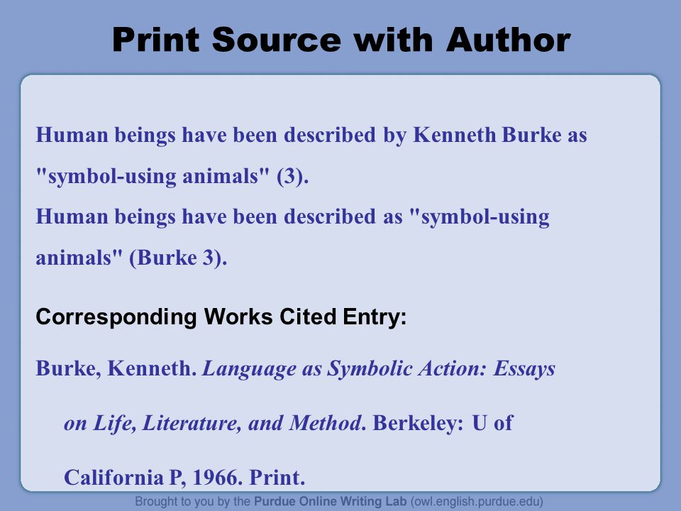 Print Source with Author Human beings have been described by Kenneth Burke as symbol-using animals (3).