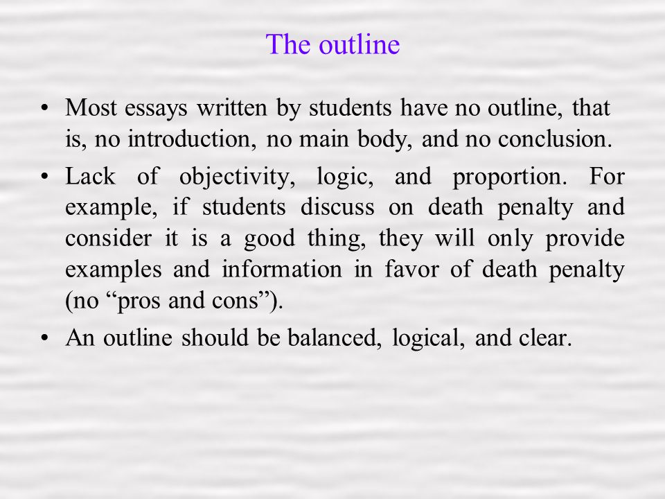 2 The outline Most essays written by students have no outline, that is, no introduction, no main body, and no conclusion.
