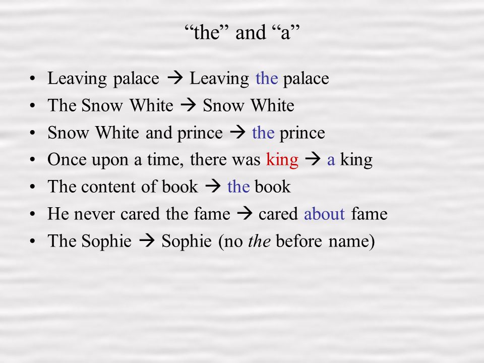 7 the and a Leaving palace  Leaving the palace The Snow White  Snow White Snow White and prince  the prince Once upon a time, there was king  a king The content of book  the book He never cared the fame  cared about fame The Sophie  Sophie (no the before name)