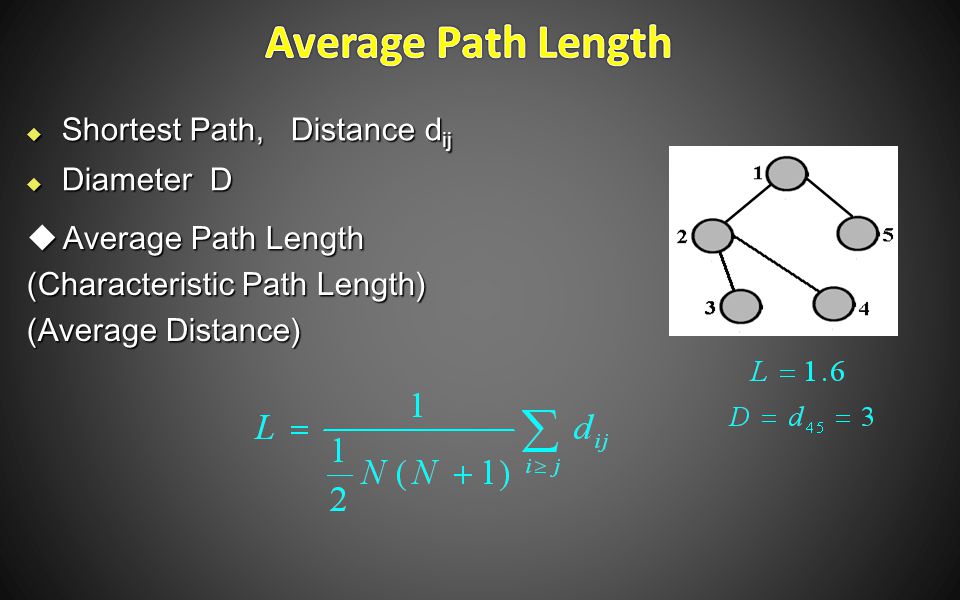  Shortest Path, Distance d ij  Diameter D  Average Path Length (Characteristic Path Length) (Average Distance)