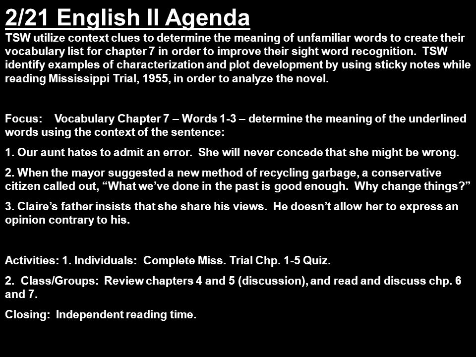 2 21 English Ii Agenda Tsw Utilize Context Clues To Determine The