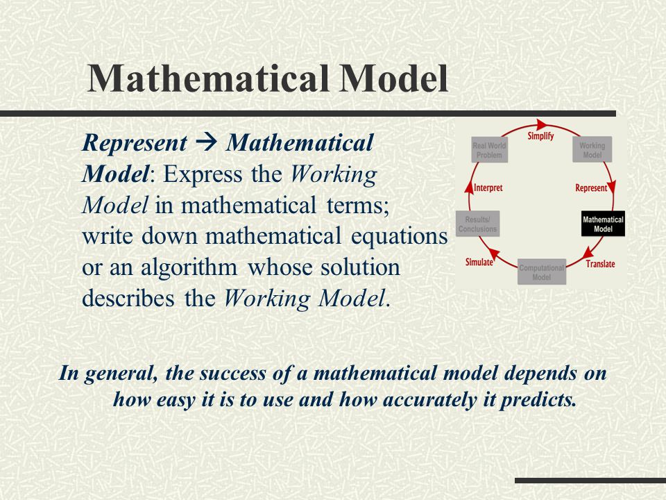 Mathematical Model Represent  Mathematical Model: Express the Working Model in mathematical terms; write down mathematical equations or an algorithm whose solution describes the Working Model.