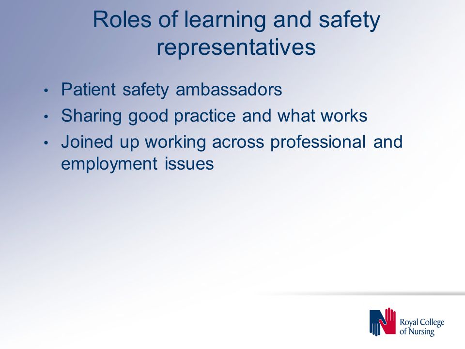 Roles of learning and safety representatives Patient safety ambassadors Sharing good practice and what works Joined up working across professional and employment issues