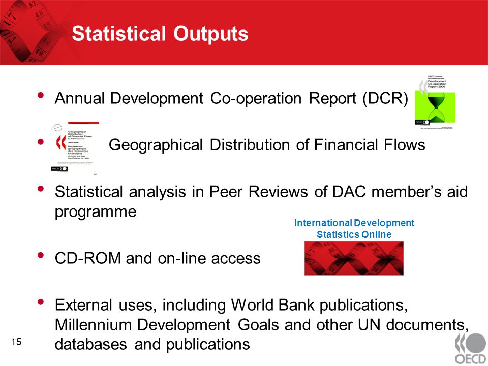 Statistical Outputs Annual Development Co-operation Report (DCR) Geographical Distribution of Financial Flows Statistical analysis in Peer Reviews of DAC member’s aid programme CD-ROM and on-line access External uses, including World Bank publications, Millennium Development Goals and other UN documents, databases and publications 15 International Development Statistics Online