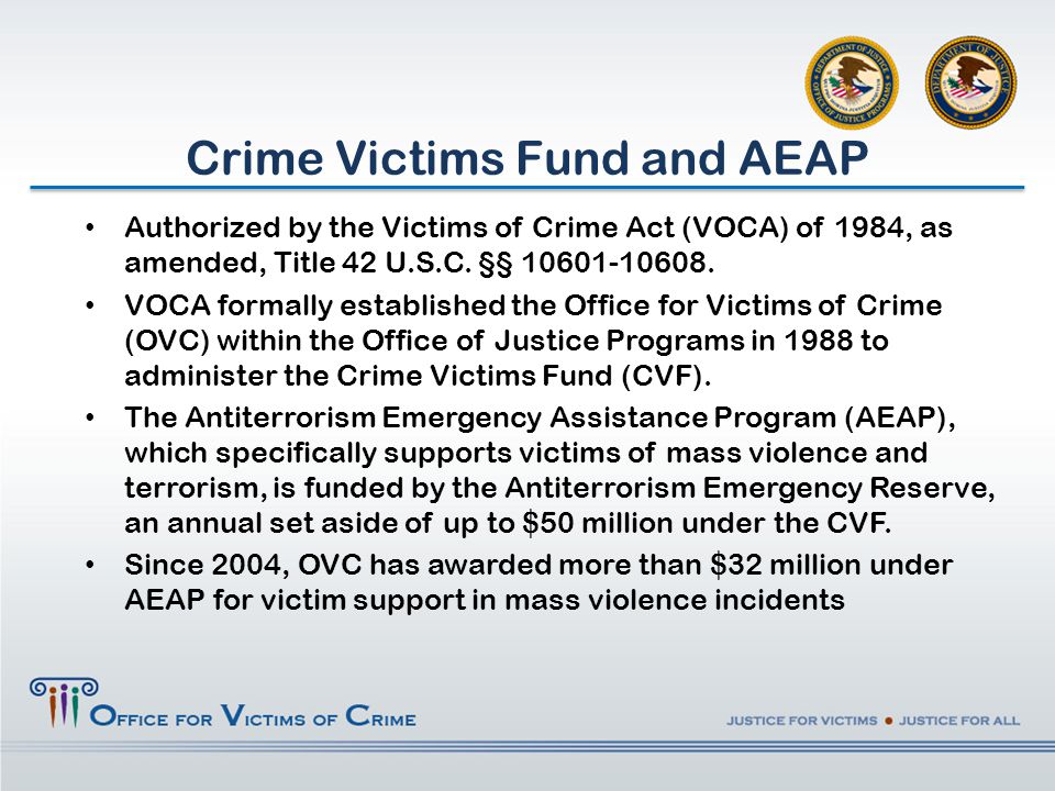 Authorized by the Victims of Crime Act (VOCA) of 1984, as amended, Title 42 U.S.C.