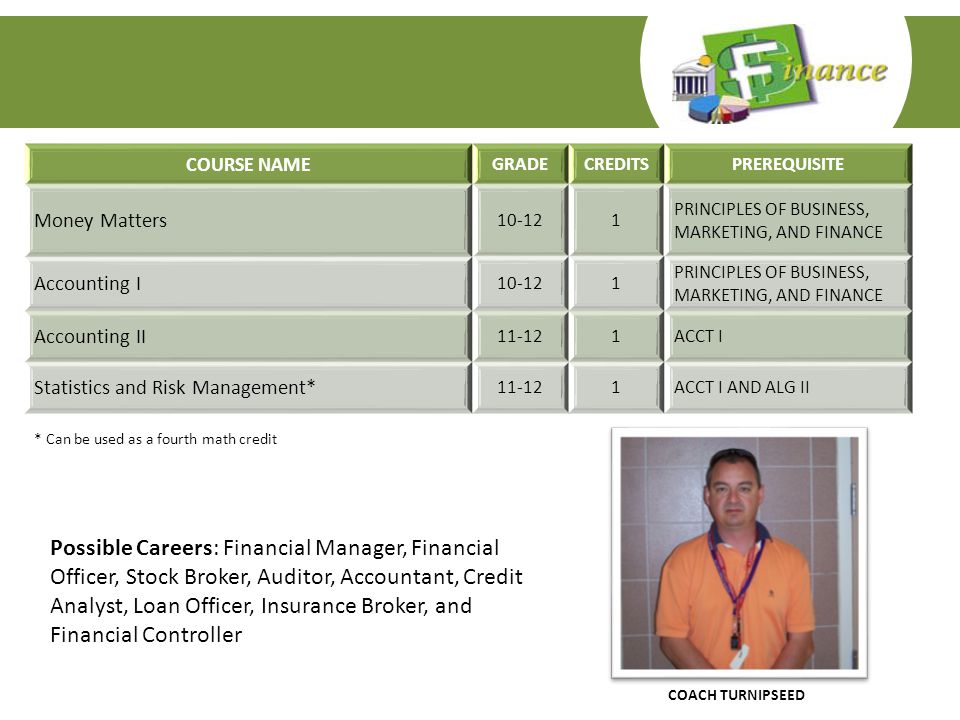 CAREER AND TECHNICAL EDUCATION Course Selection Information Possible Careers: Financial Manager, Financial Officer, Stock Broker, Auditor, Accountant, Credit Analyst, Loan Officer, Insurance Broker, and Financial Controller COURSE NAME GRADECREDITSPREREQUISITE Money Matters PRINCIPLES OF BUSINESS, MARKETING, AND FINANCE Accounting I PRINCIPLES OF BUSINESS, MARKETING, AND FINANCE Accounting II ACCT I Statistics and Risk Management* ACCT I AND ALG II * Can be used as a fourth math credit COACH TURNIPSEED