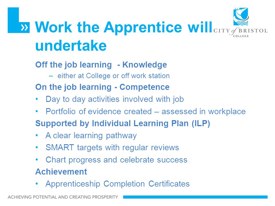 Work the Apprentice will undertake Off the job learning - Knowledge –either at College or off work station On the job learning - Competence Day to day activities involved with job Portfolio of evidence created – assessed in workplace Supported by Individual Learning Plan (ILP) A clear learning pathway SMART targets with regular reviews Chart progress and celebrate success Achievement Apprenticeship Completion Certificates