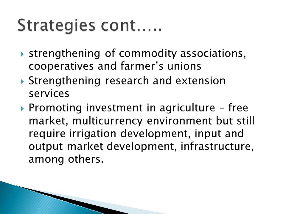  strengthening of commodity associations, cooperatives and farmer’s unions  Strengthening research and extension services  Promoting investment in agriculture – free market, multicurrency environment but still require irrigation development, input and output market development, infrastructure, among others.