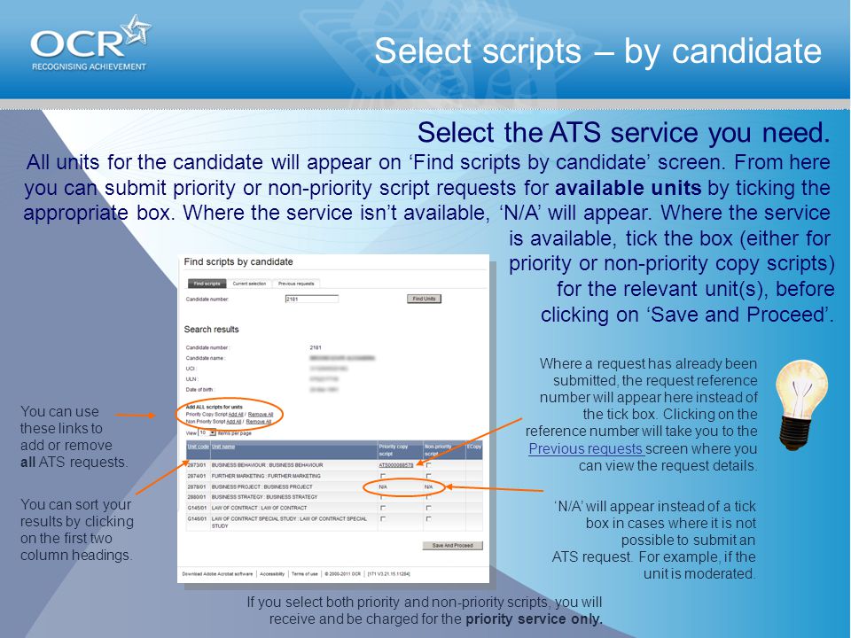 Select scripts – by candidate Select the ATS service you need.