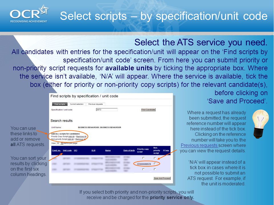Select scripts – by specification/unit code Select the ATS service you need.
