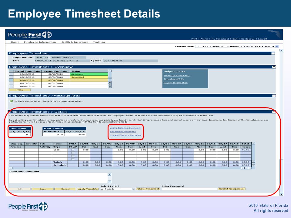 Employee Timesheet Details 2010 State of Florida All rights reserved