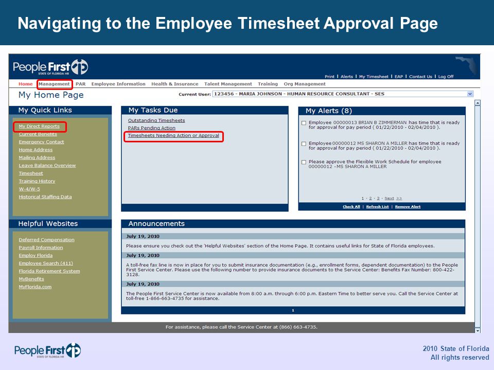 Navigating to the Employee Timesheet Approval Page 2010 State of Florida All rights reserved