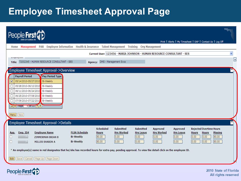 Employee Timesheet Approval Page 2010 State of Florida All rights reserved