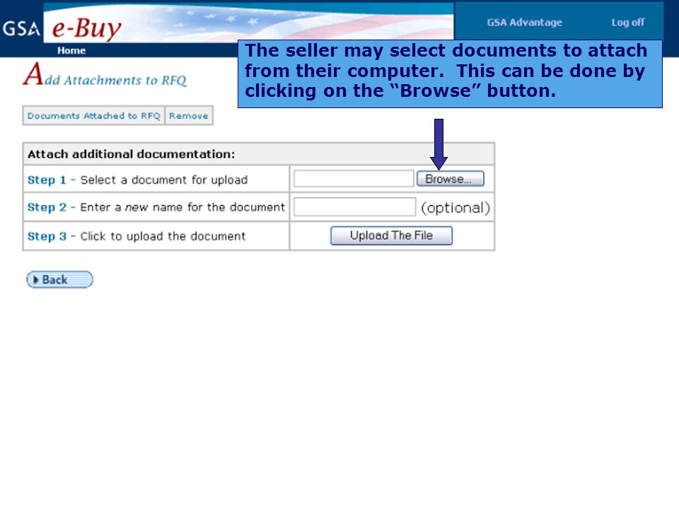 The seller may select documents to attach from their computer.