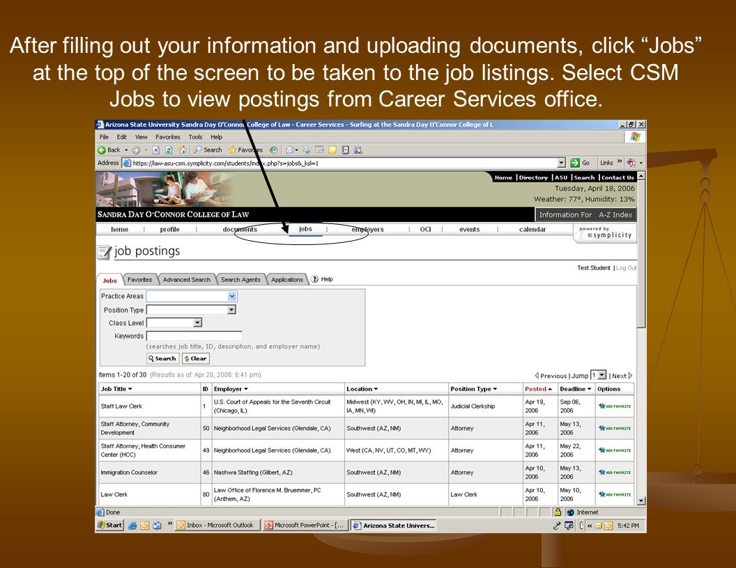 After filling out your information and uploading documents, click Jobs at the top of the screen to be taken to the job listings.