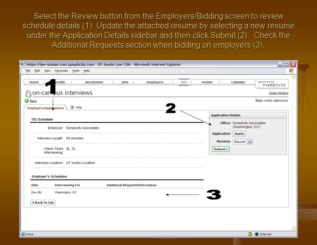 Select the Review button from the Employers/Bidding screen to review schedule details (1).
