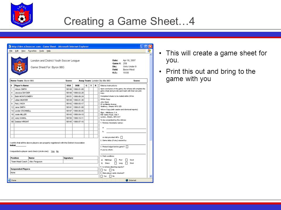Creating a Game Sheet…4 This will create a game sheet for you.
